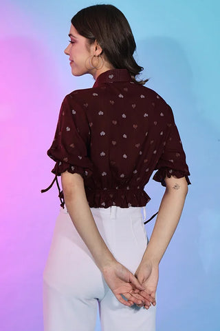 Stylish Maroon Viscose Rayon Self Design Collar Pattern Top ClothsVilla.com