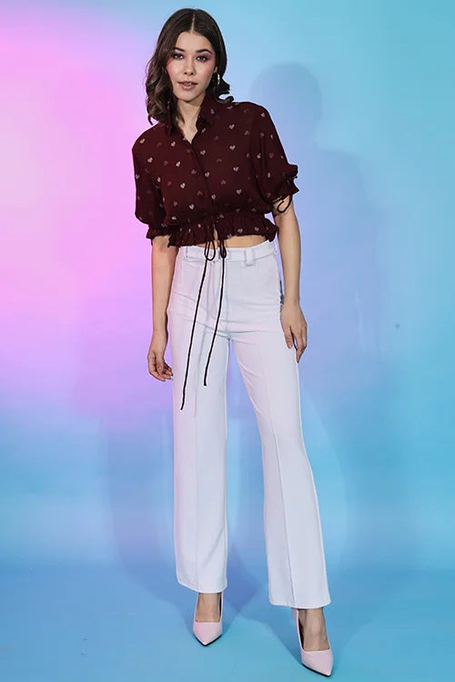 Stylish Maroon Viscose Rayon Self Design Collar Pattern Top ClothsVilla.com
