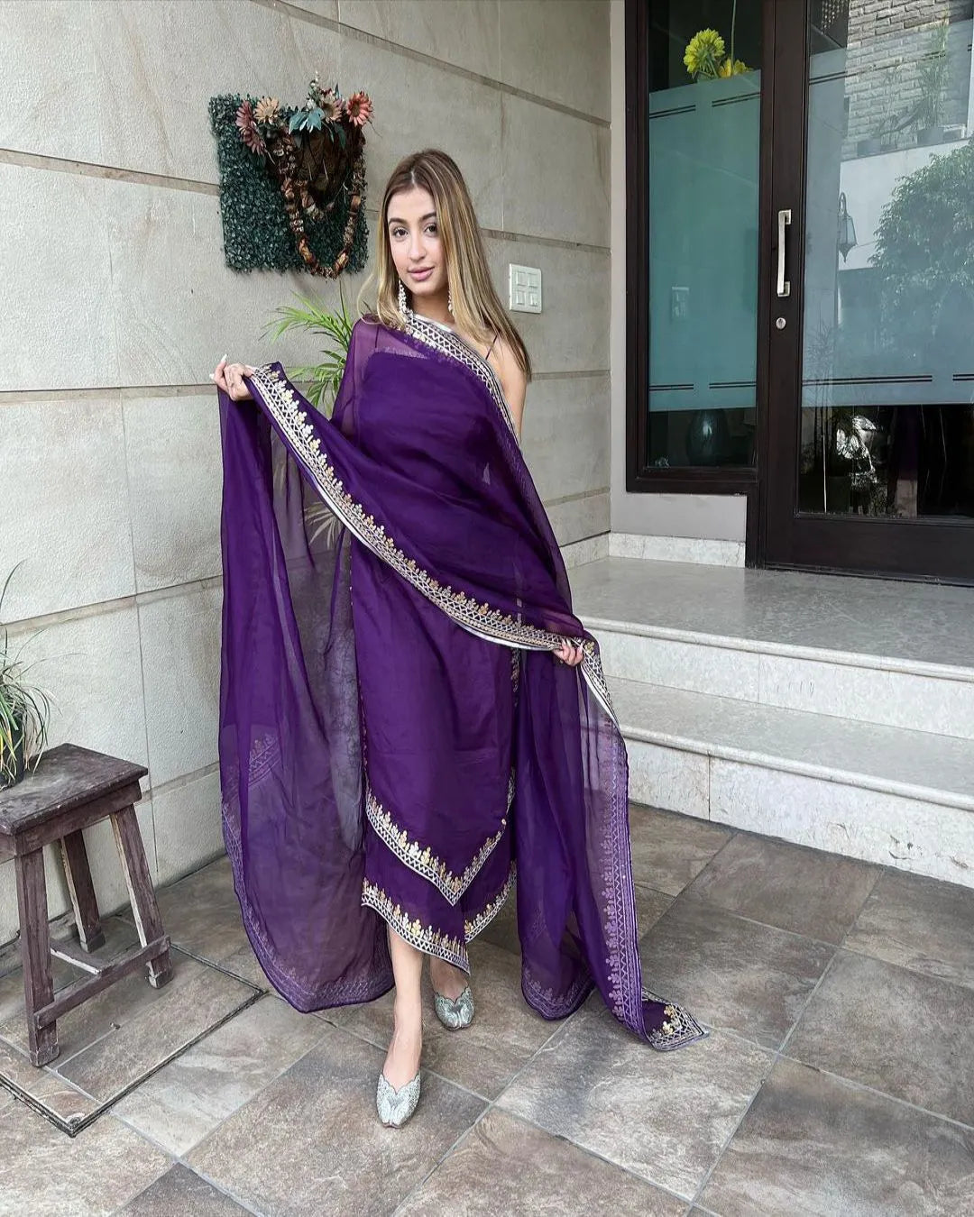 Stylish Pretty Purple Georgette V-Shape Palazzo Suit Set of 3 - Perfect for Any Occasion Clothsvilla