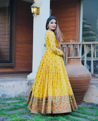 Stylish Yellow Color Embroidery Work Gown Clothsvilla