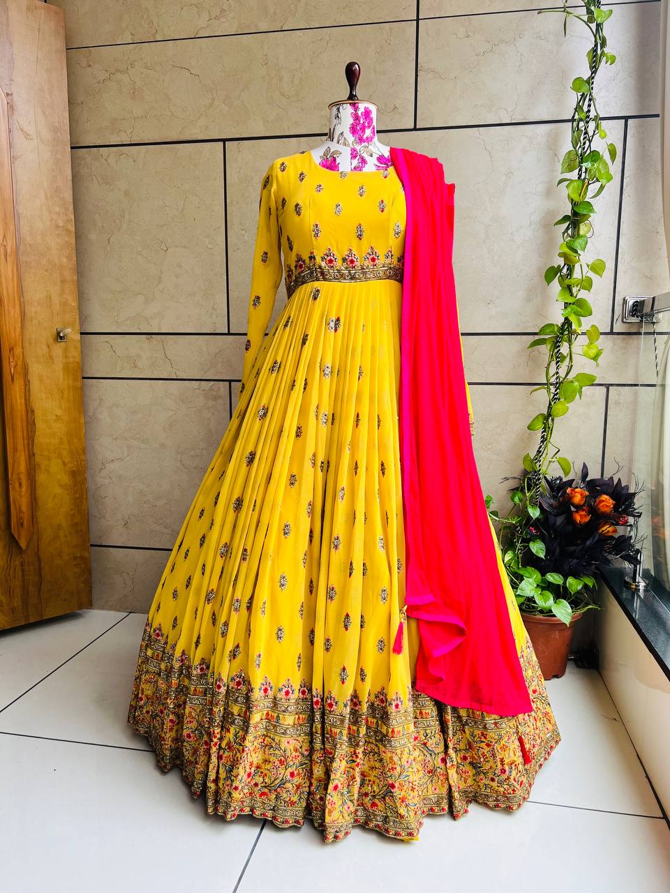 Stylish Yellow Color Embroidery Work Gown Clothsvilla