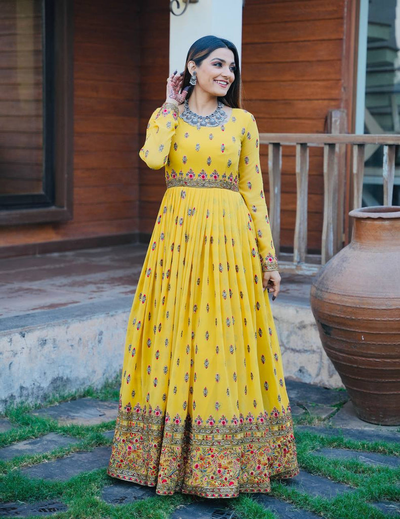 Stylish Yellow Color Embroidery Work Gown Clothsvilla