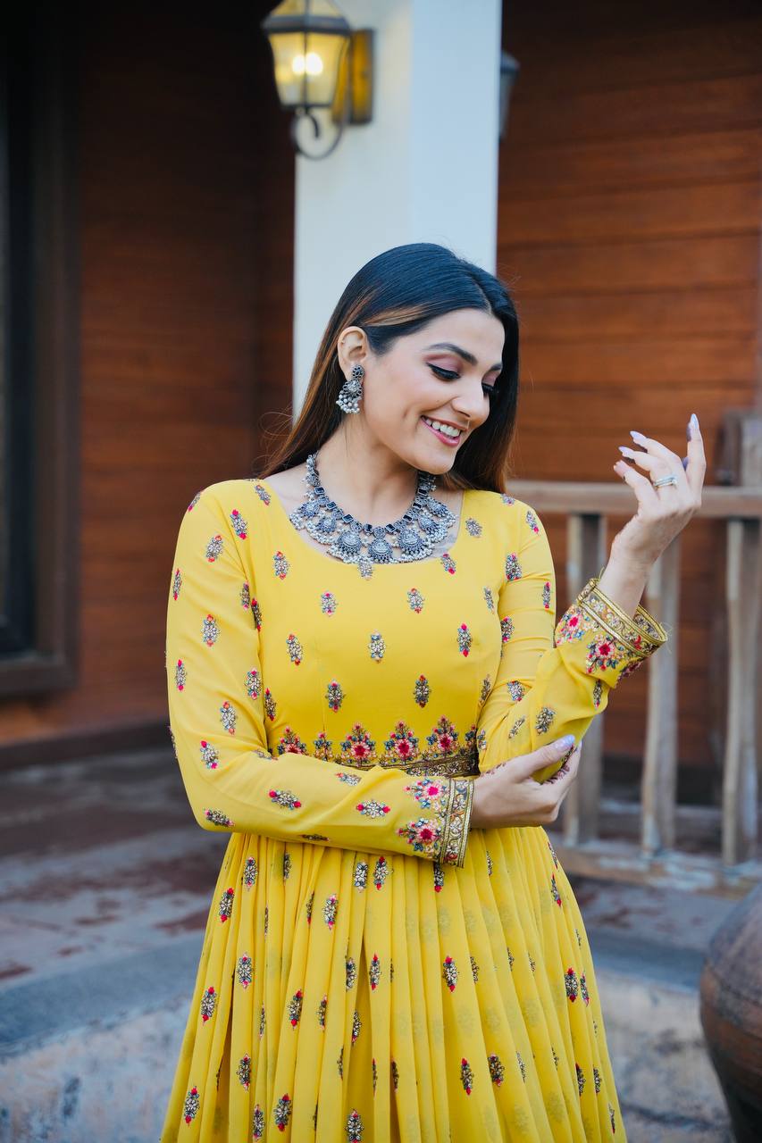 Stylish Yellow Color Embroidery Work Gown Clothsvilla