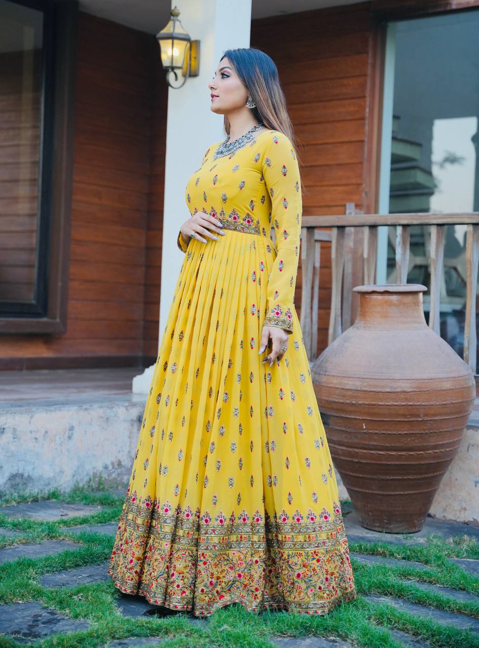 Stylish Yellow Color Embroidery Work Gown Clothsvilla