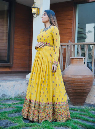 Stylish Yellow Color Embroidery Work Gown Clothsvilla