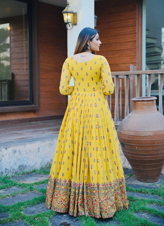 Stylish Yellow Color Embroidery Work Gown Clothsvilla