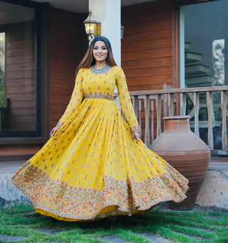 Stylish Yellow Color Embroidery Work Gown Clothsvilla