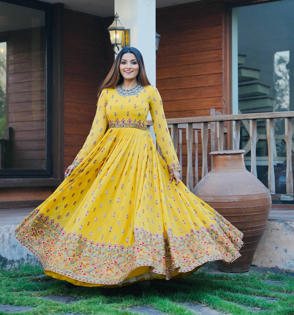 Stylish Yellow Color Embroidery Work Gown - Clothsvilla
