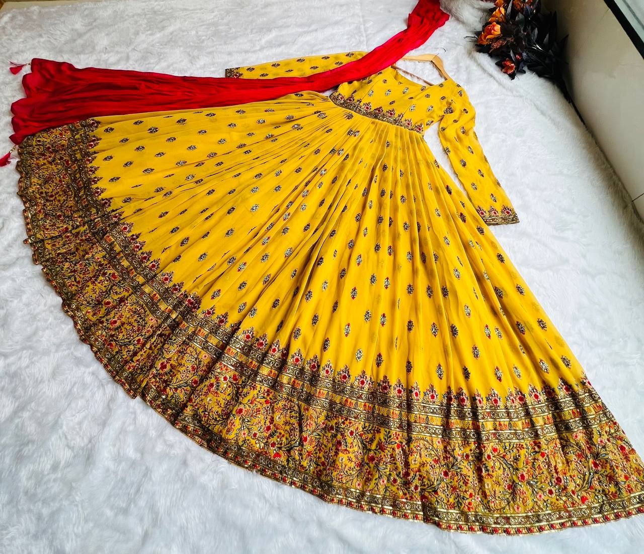 Stylish Yellow Color Embroidery Work Gown Clothsvilla