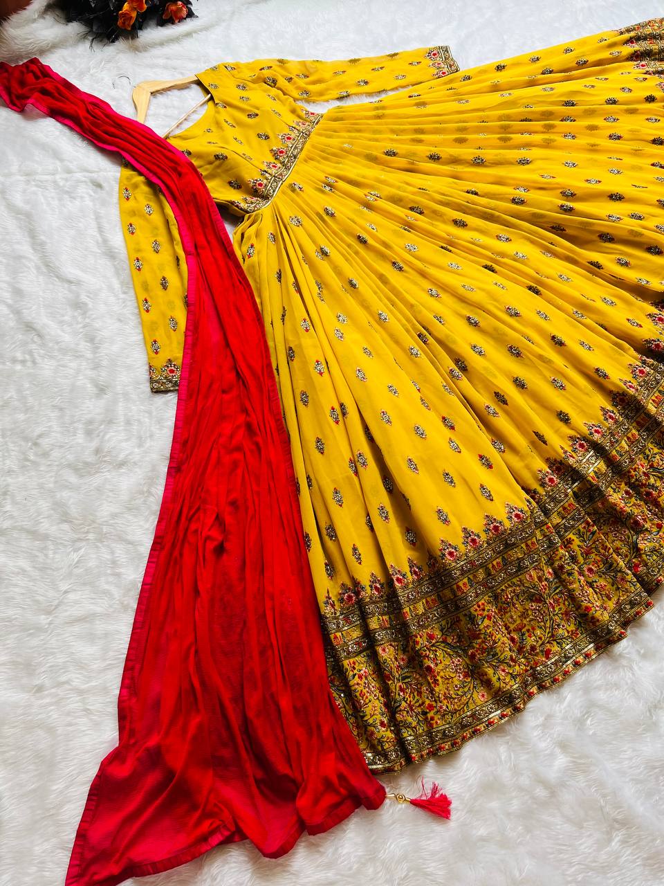 Stylish Yellow Color Embroidery Work Gown Clothsvilla