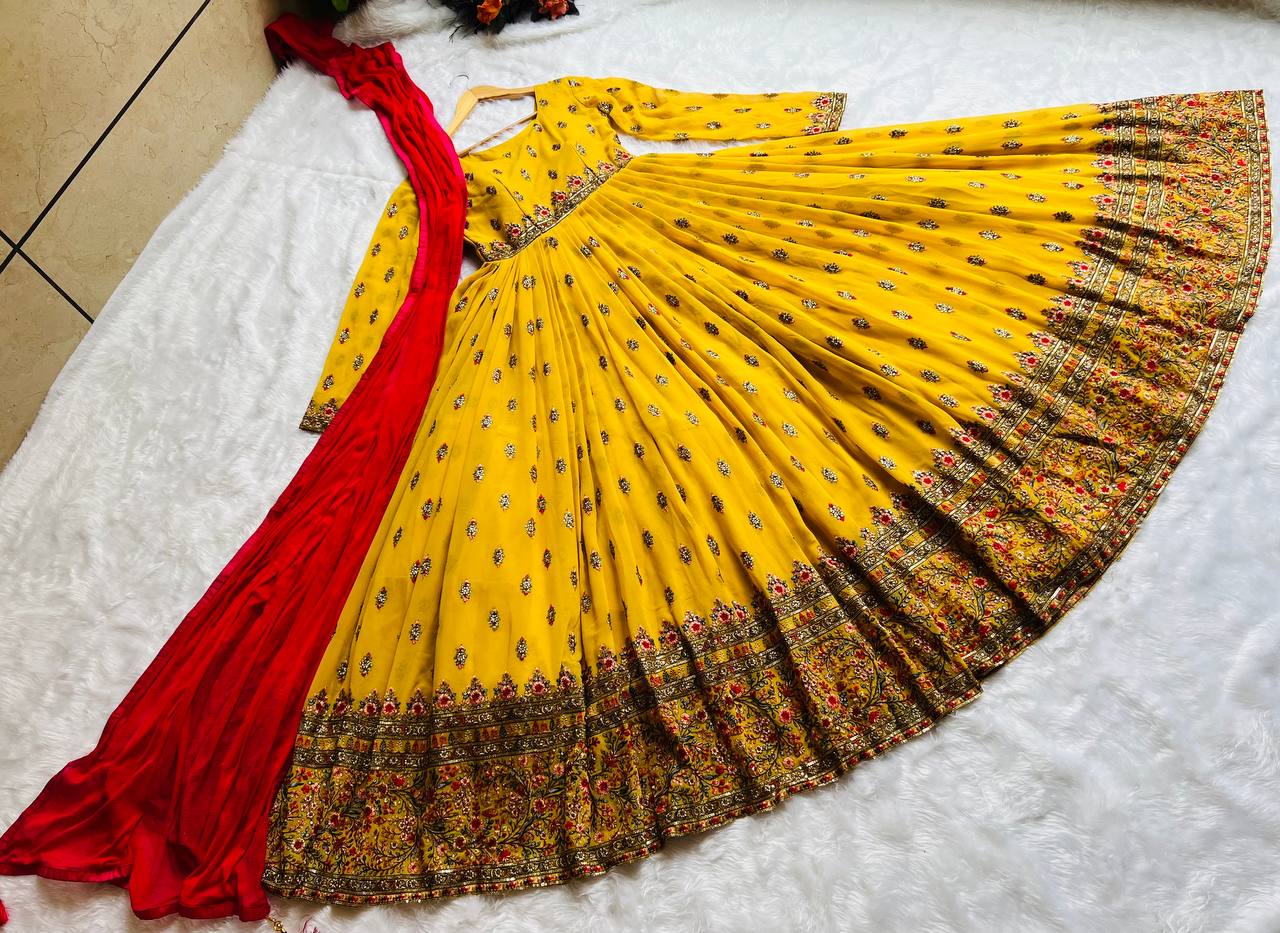 Stylish Yellow Color Embroidery Work Gown Clothsvilla