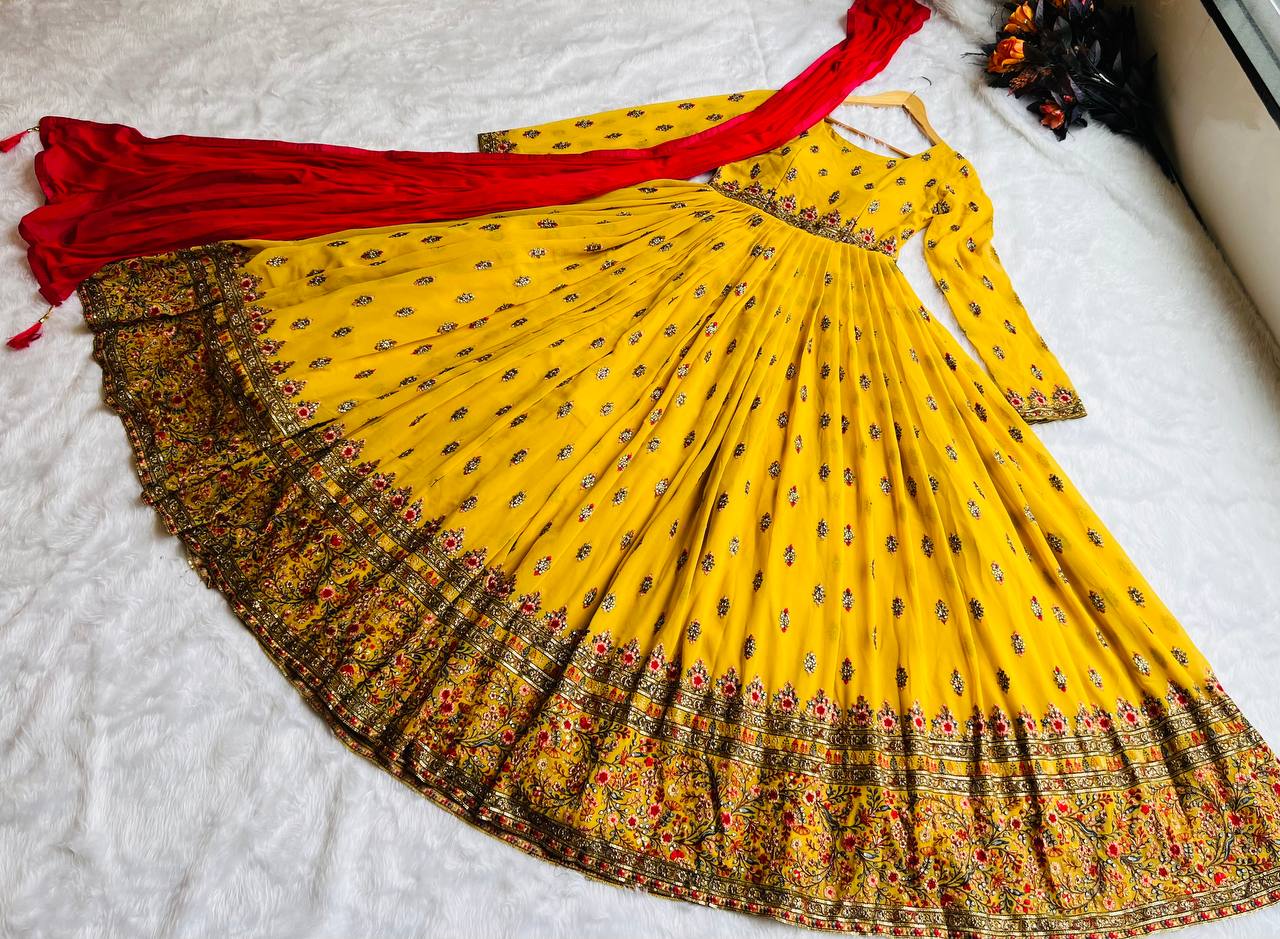 Stylish Yellow Color Embroidery Work Gown Clothsvilla