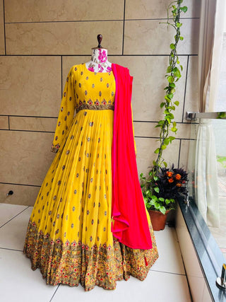 Stylish Yellow Color Embroidery Work Gown Clothsvilla