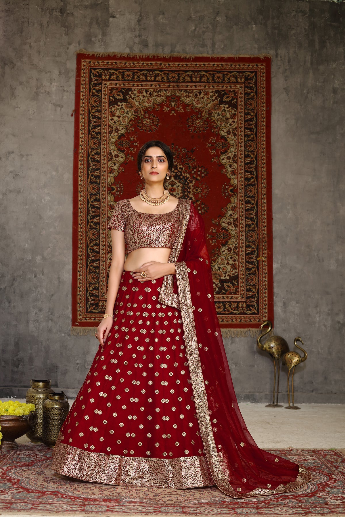 Sublime Red Sequins Embroidered Net Semi Stitched Bridal Lehenga ClothsVilla Main image
