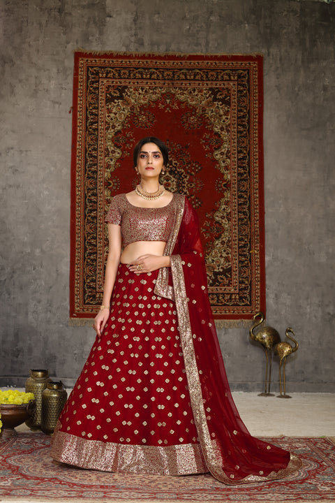 Sublime Red Sequins Embroidered Net Semi Stitched Bridal Lehenga ClothsVilla Main image