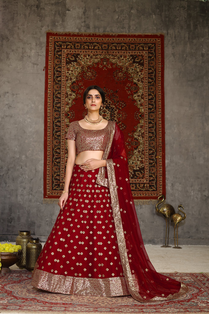 Sublime Red Sequins Embroidered Net Semi Stitched Bridal Lehenga ClothsVilla