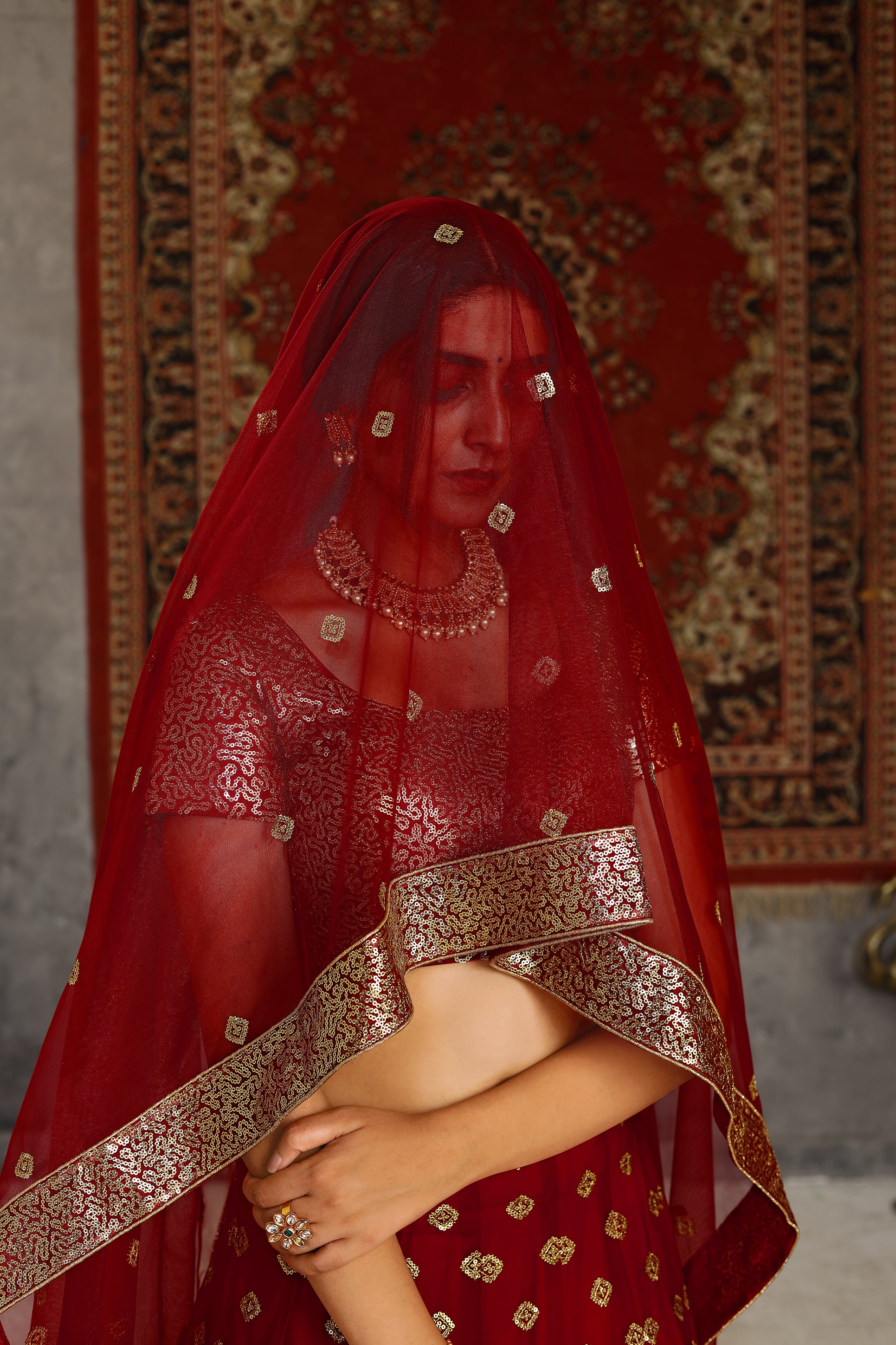 Sublime Red Sequins Embroidered Net Semi Stitched Bridal Lehenga ClothsVilla