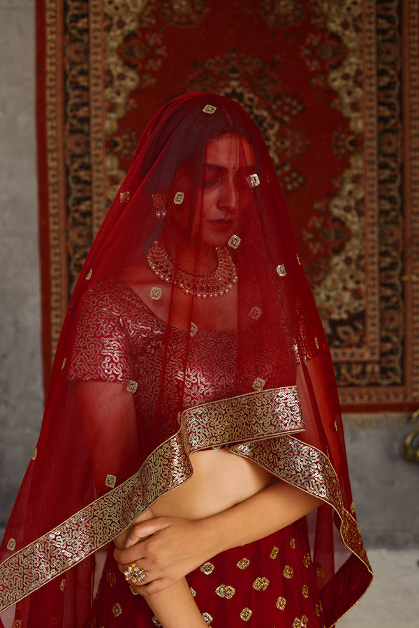 Sublime Red Sequins Embroidered Net Semi Stitched Bridal Lehenga ClothsVilla