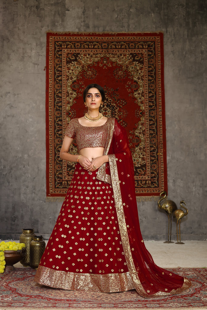 Sublime Red Sequins Embroidered Net Semi Stitched Bridal Lehenga ClothsVilla