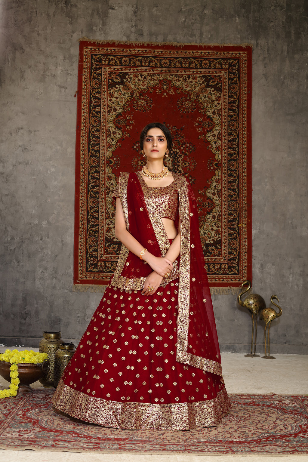 Sublime Red Sequins Embroidered Net Semi Stitched Bridal Lehenga ClothsVilla