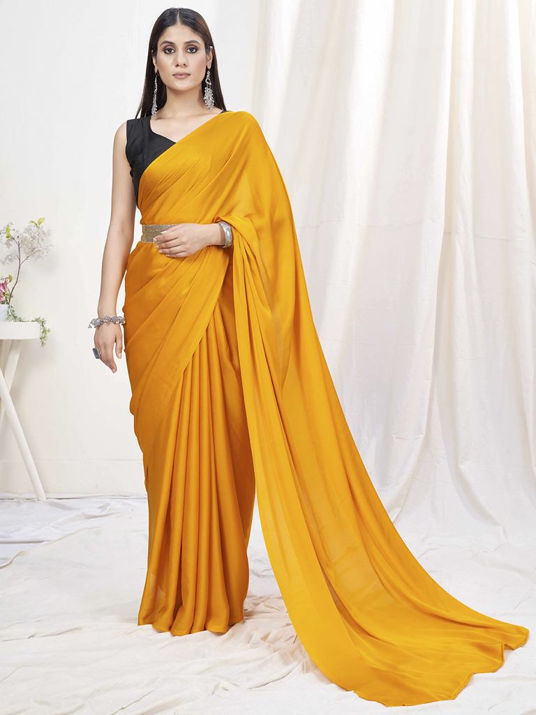 Sunshine Orange Pre-Stitched Blended Silk Saree ClothsVilla