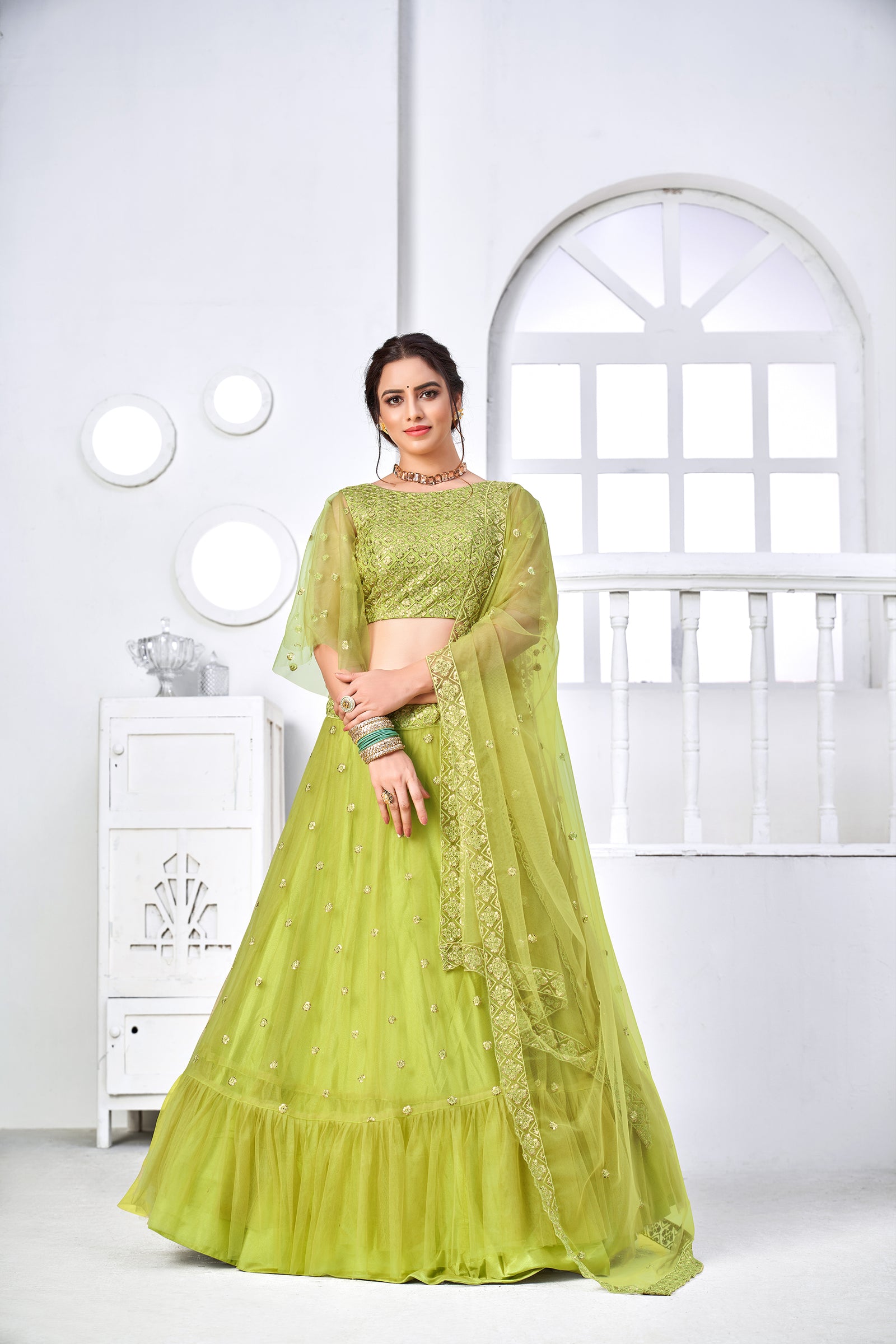 Superb Light Green Thread Embroidery Festive Wear Lehenga Choli ClothsVilla
