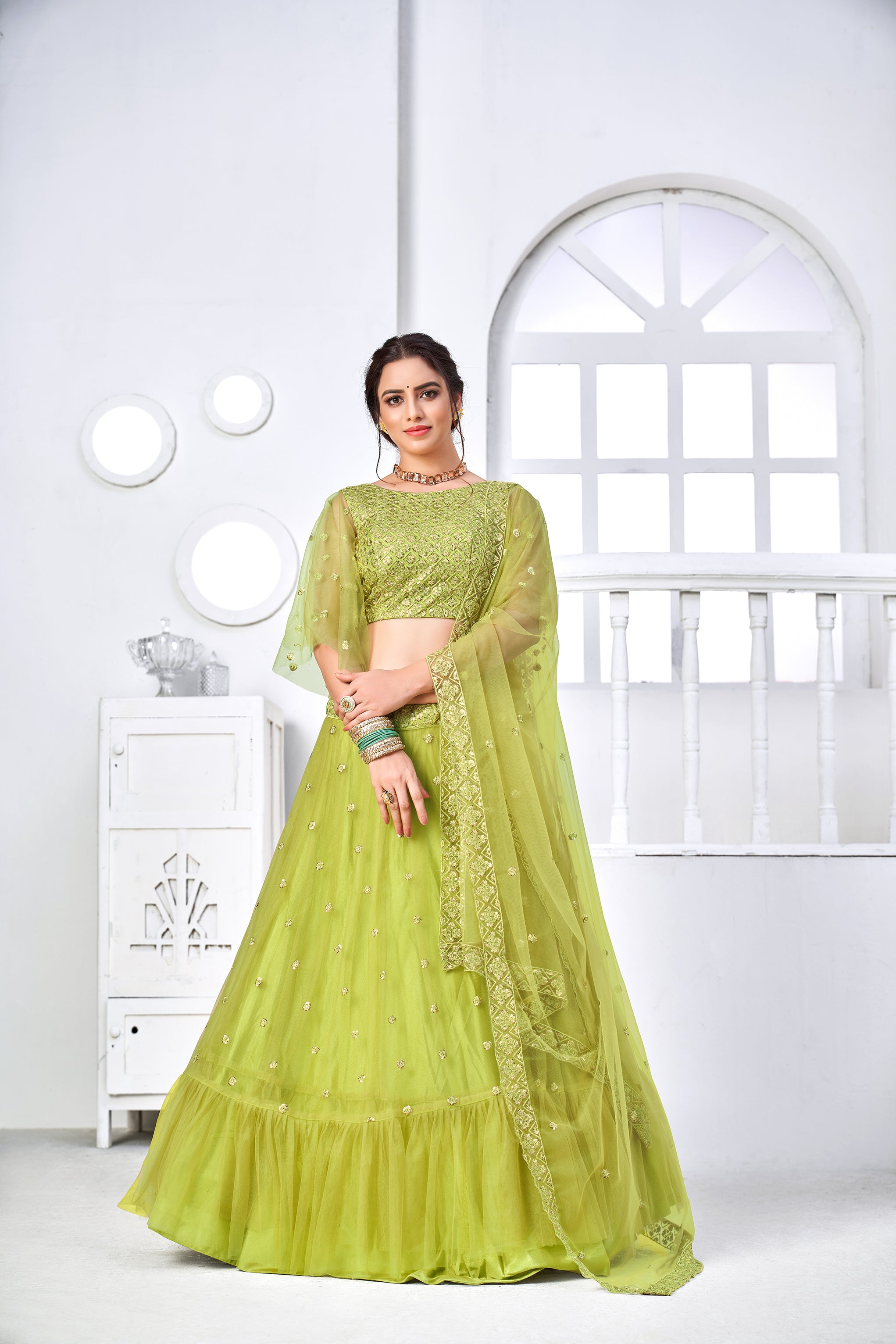 Superb Light Green Thread Embroidery Festive Wear Lehenga Choli ClothsVilla