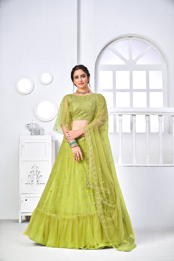 Superb Light Green Thread Embroidery Festive Wear Lehenga Choli ClothsVilla