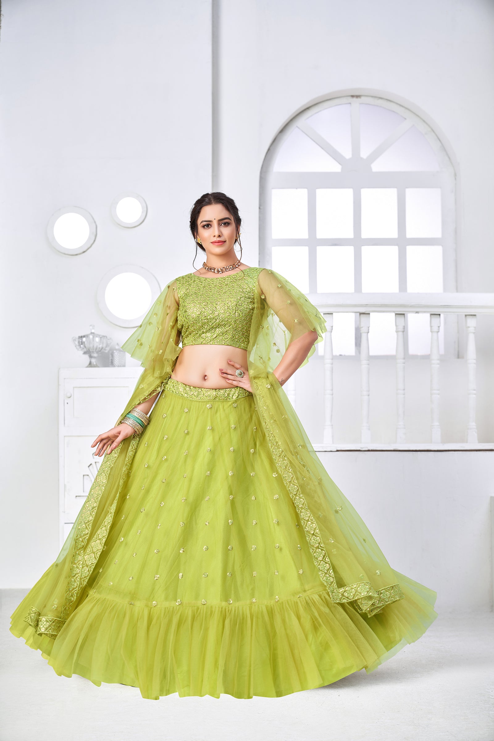 Superb Light Green Thread Embroidery Festive Wear Lehenga Choli ClothsVilla