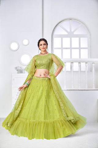 Superb Light Green Thread Embroidery Festive Wear Lehenga Choli ClothsVilla