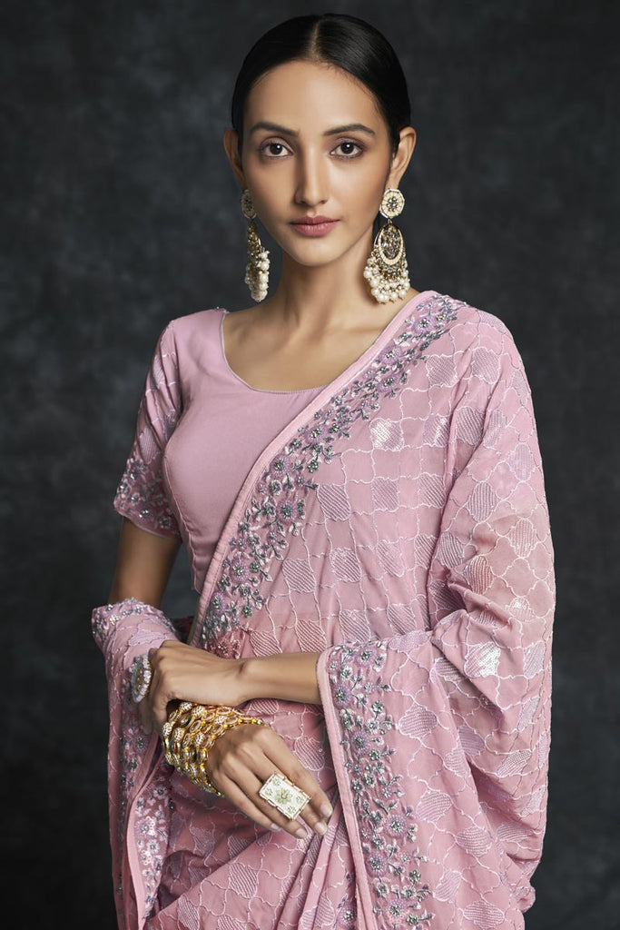 Embroidered Wedding Wear Trendy Pink Saree Clothsvilla
