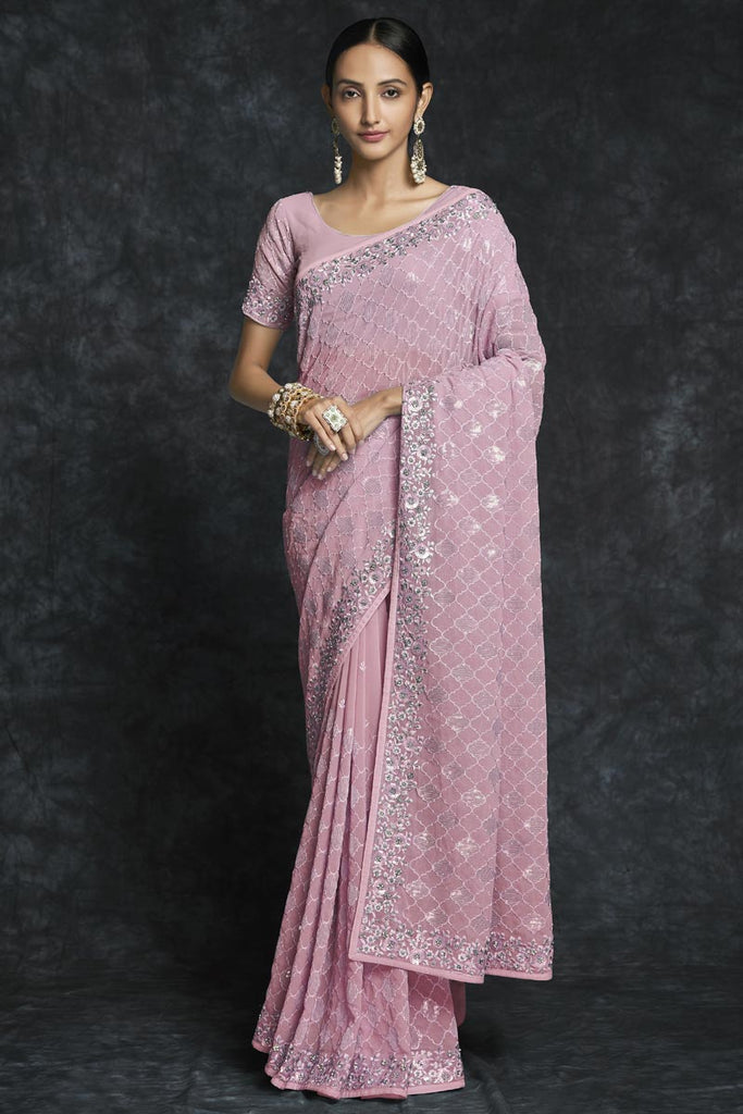 Embroidered Wedding Wear Trendy Pink Saree - Clothsvilla
