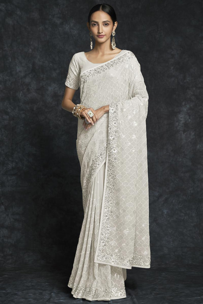 White Georgette Embroidered Saree Clothsvilla