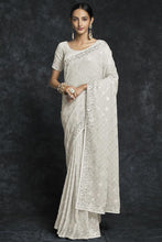 Load image into Gallery viewer, White Georgette Embroidered Saree Clothsvilla