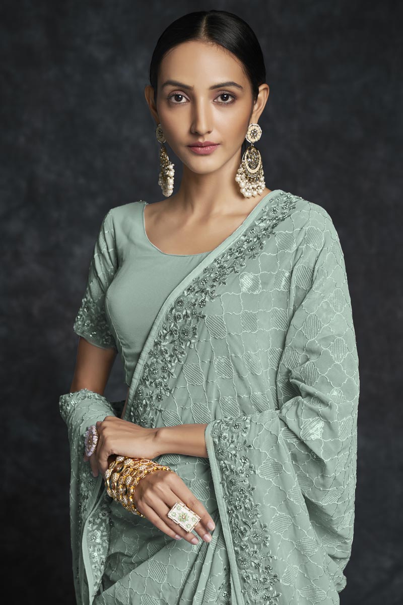 Sea Green Georgette Embroidered Classic Saree Clothsvilla