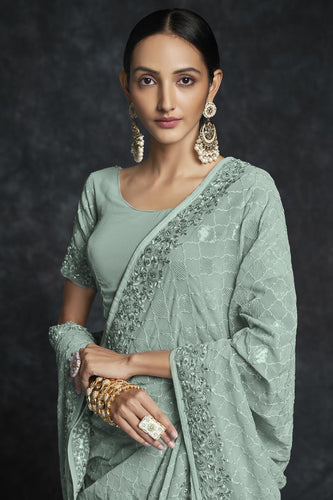 Sea Green Georgette Embroidered Classic Saree Clothsvilla
