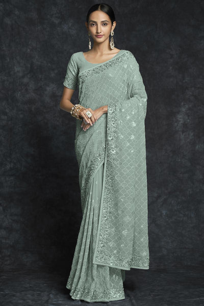 Women's Party Wear Sea Green Color Georgette And Sequence Work Saree