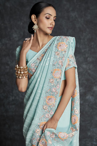Light Cyan Georgette Wedding Contemporary Saree Clothsvilla
