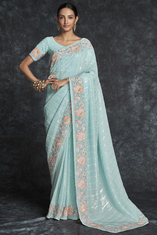 Light Cyan Georgette Wedding Contemporary Saree Clothsvilla