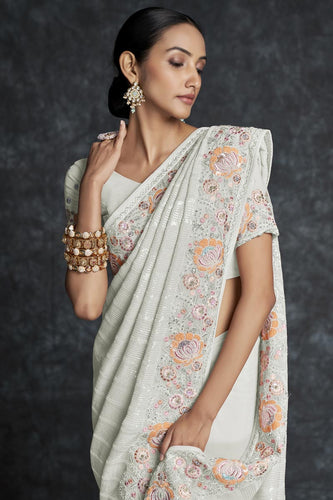 Georgette Embroidered White Contemporary Saree Clothsvilla