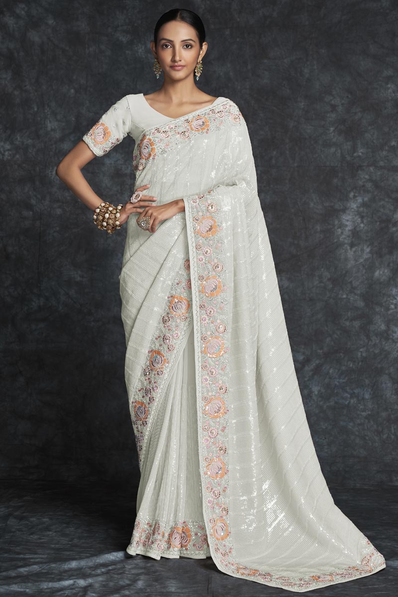 Georgette Embroidered White Contemporary Saree Clothsvilla