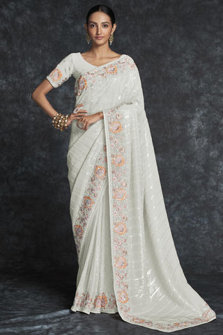 Georgette Embroidered White Contemporary Saree Clothsvilla
