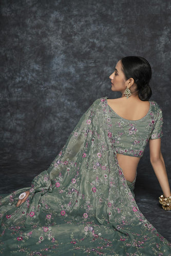 Organza Embroidered Olive Color Classic Saree Clothsvilla