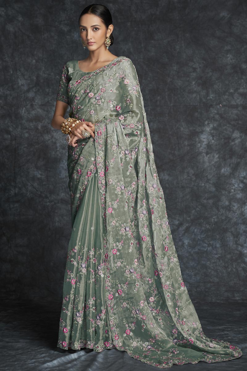 Organza Embroidered Olive Color Classic Saree Clothsvilla Main image