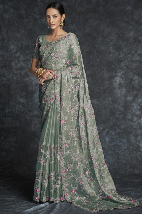 Organza Embroidered Olive Color Classic Saree Clothsvilla Main image