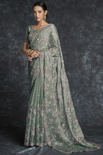 Load image into Gallery viewer, Organza Embroidered Olive Color Classic Saree Clothsvilla