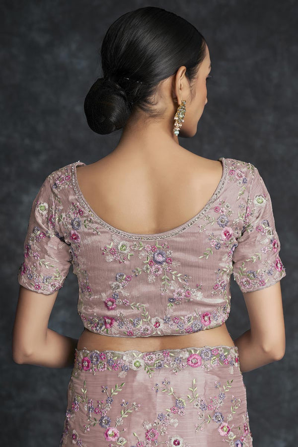 Organza Embroidered Traditional Saree In Peach Color Clothsvilla