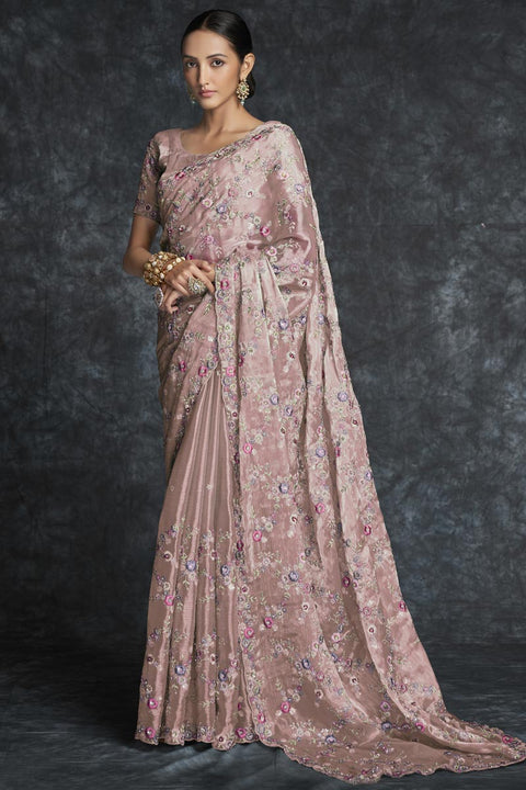 Organza Embroidered Traditional Saree In Peach Color Clothsvilla Main image