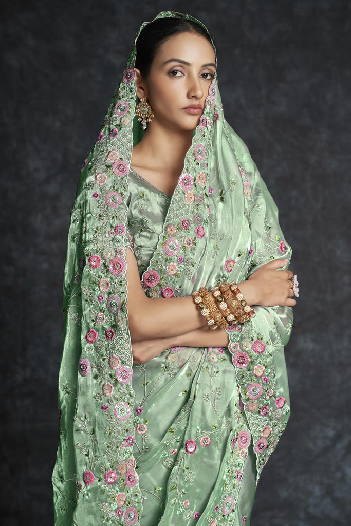 Embroidered Classic Green Color Wedding Saree Clothsvilla