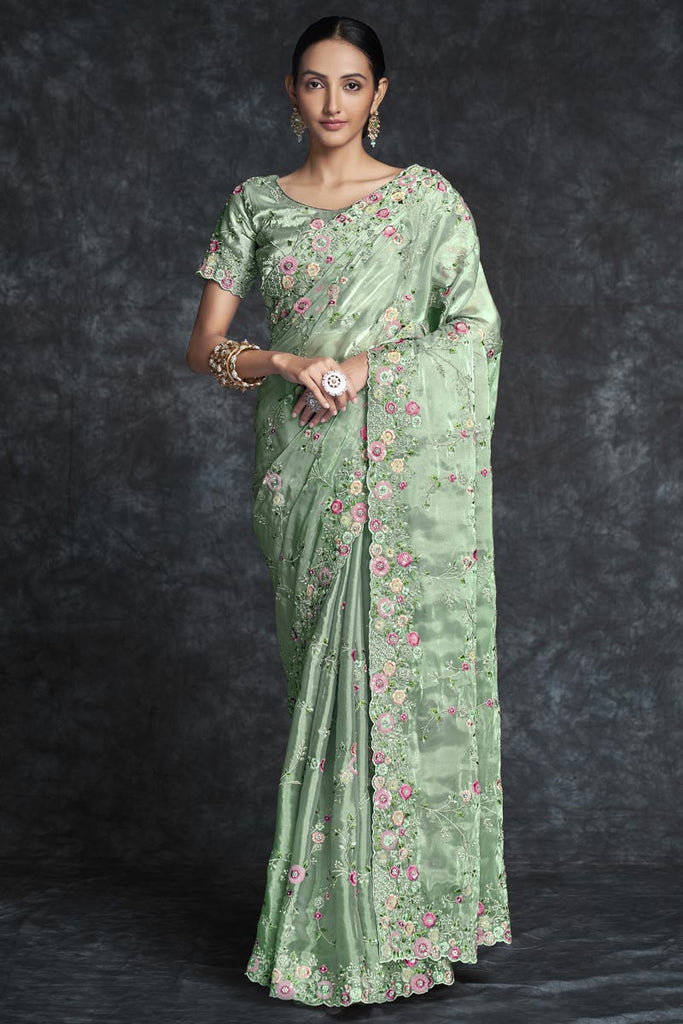 Embroidered Classic Green Color Wedding Saree Clothsvilla